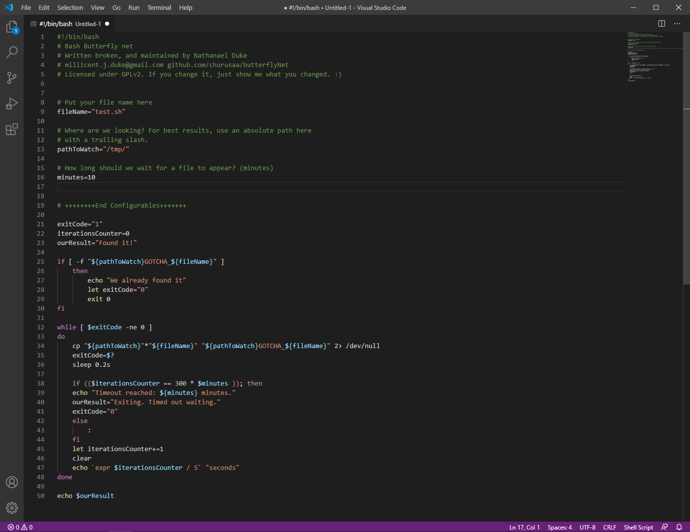 Screenshot of butterflyNet.sh open in Visual Studio