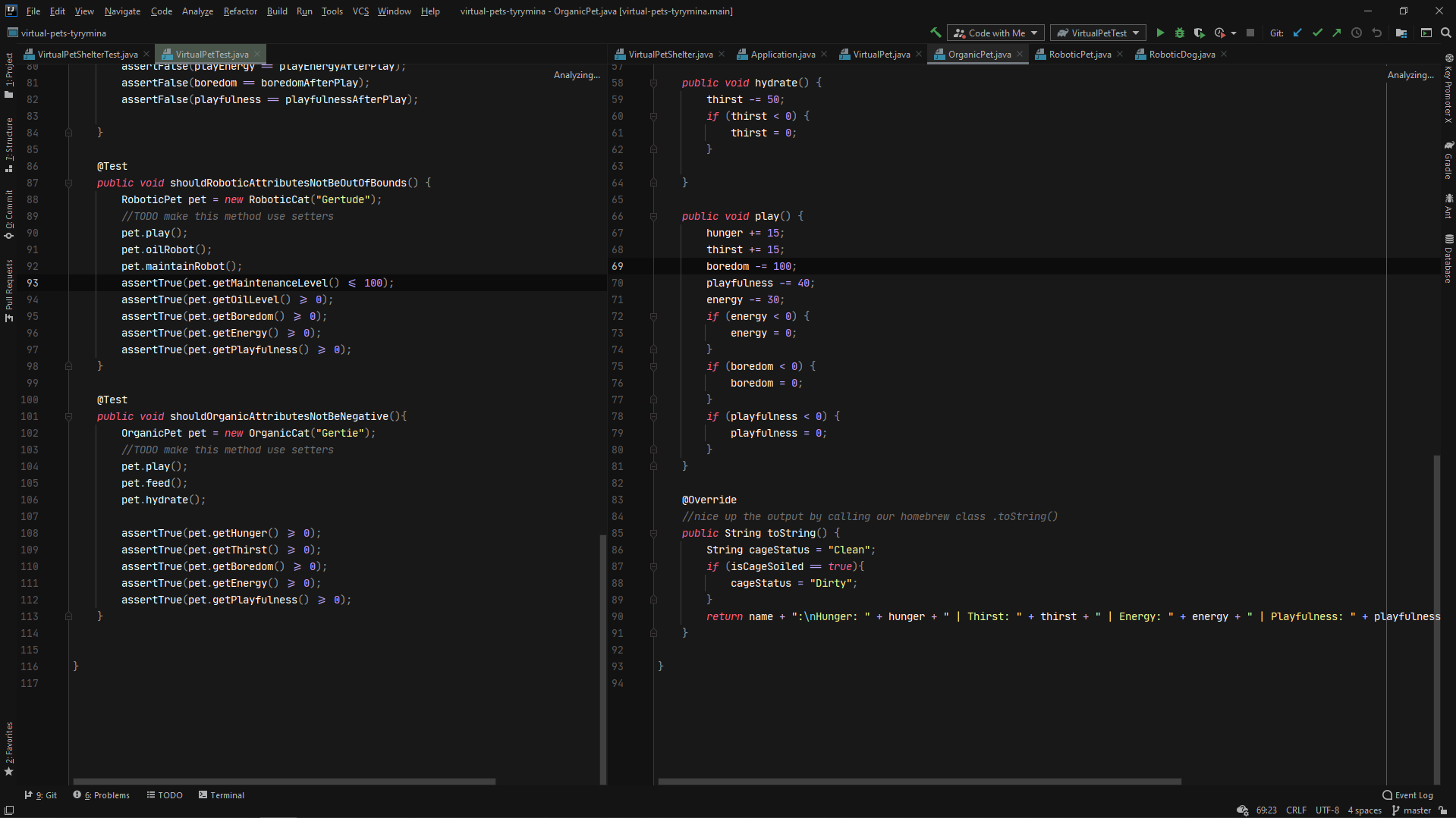 Screenshot of Virtual Pets project open in IntelliJ